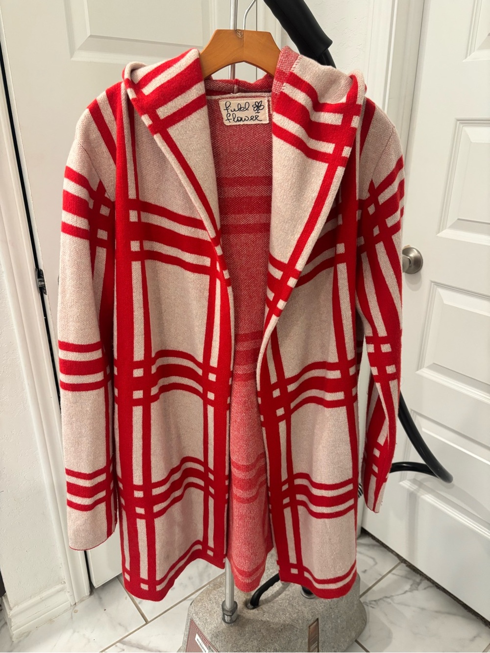 Anthropologie Field Flower Sonia Wool Sweater Coat Red Plaid M